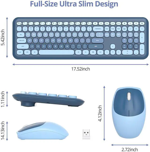 Alt view image 3 of 5 - Fogruaden Quiet Blue Wireless Keyboard and Mouse, 2.4GHz Retro Cute Typewriter-Style Full-Size Colorful Keyboard and Mouse Combo, Slim Design, Low-Noise Typing for Home, Office, Windows PC, Laptop