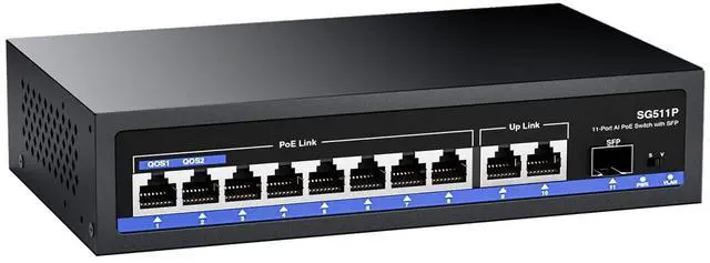 Main image of AUMOX PRO 11-Port PoE Gigabit Switch, 8 PoE+ Port, 2 Gigabit Uplink, 1 SFP Port, 120W AI Detection, Qos, Fanless Metal Plug & Play Unmanaged Network Switch