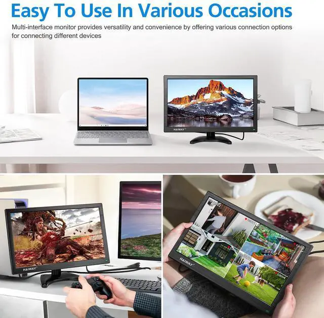 Alt view image 4 of 5 - Haiway 15.6 inch Small Computer Monitor, High Resolution 1920x1080P Small hdmi Monitor with HDMI/VGA/BNC/AV/USB Port for PC, Laptop, CCTV Security Monitors with Remote Control, Built-in Speakers