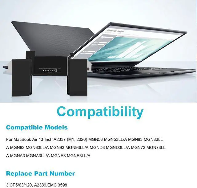 Alt view image 3 of 5 - ASUNCELL A2389 Battery Replacement for MacBook Air 13 Inch A2337 M1 (2020), EMC 3598, MGN53 MGN83 MGN63 MGN93 MGND3 MGN73 MGNA3 MGNE3