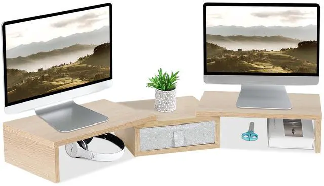 Main image of TEAMIX 3 Shelf Monitor Stand Riser with Drawer-Length and Angle Adjustable Dual Monitor Riser with Storage Corner Desk Shelf Organizer Large Computer Stand for 2 Monitors/Laptop (Maple, 1 Drawer)