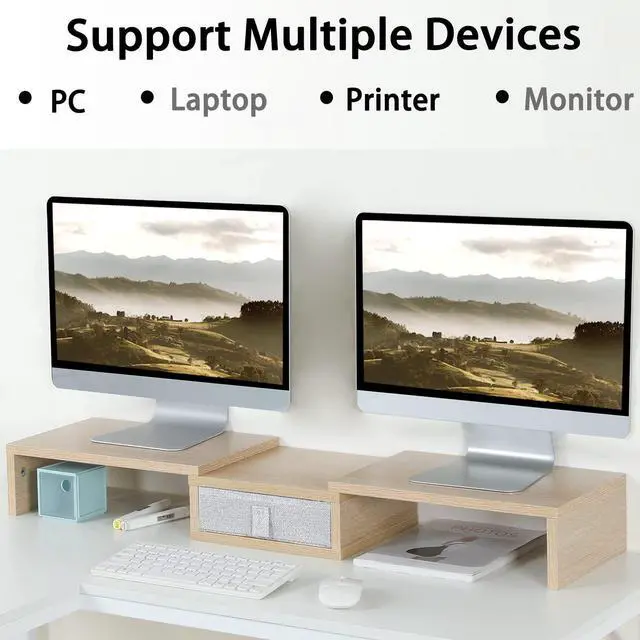 Alt view image 2 of 5 - TEAMIX 3 Shelf Monitor Stand Riser with Drawer-Length and Angle Adjustable Dual Monitor Riser with Storage Corner Desk Shelf Organizer Large Computer Stand for 2 Monitors/Laptop (Maple, 1 Drawer)