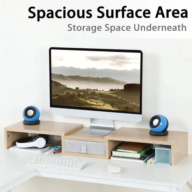 Alt view image 3 of 5 - TEAMIX 3 Shelf Monitor Stand Riser with Drawer-Length and Angle Adjustable Dual Monitor Riser with Storage Corner Desk Shelf Organizer Large Computer Stand for 2 Monitors/Laptop (Maple, 1 Drawer)