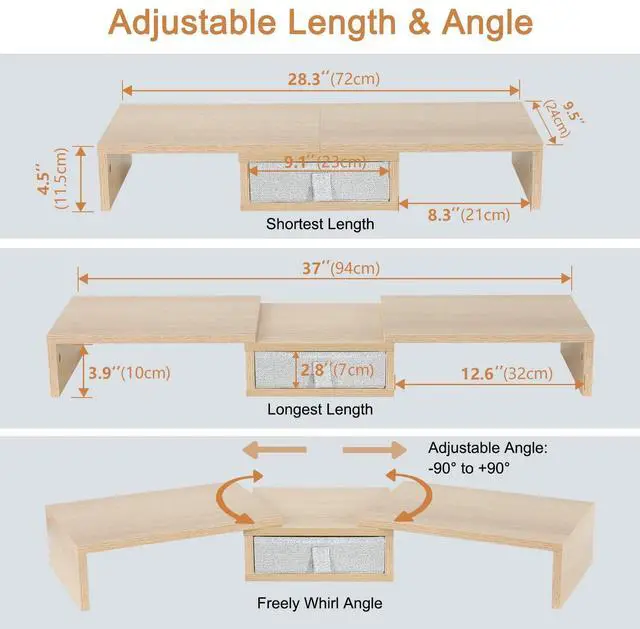 Alt view image 5 of 5 - TEAMIX 3 Shelf Monitor Stand Riser with Drawer-Length and Angle Adjustable Dual Monitor Riser with Storage Corner Desk Shelf Organizer Large Computer Stand for 2 Monitors/Laptop (Maple, 1 Drawer)