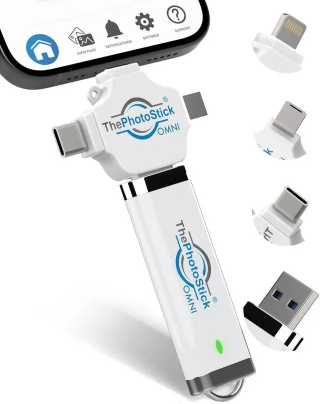 Main image of ThePhotoStick® Omni 32GB Memory Stick & USB Flash Drive  Photo & Video Backup for iPhone, Android, Mac & PC  Multiport Connection to Easily Store & Transfer Files