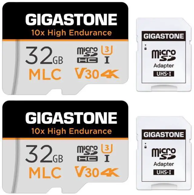 Main image of [10x High Endurance] GIGASTONE Industrial 32GB 2-Pack MLC Micro SD Card, 4K Video Recording, Security Cam, Dash Cam, Surveillance Compatible 95MB/s, U3 C10, with Adapter [5-Yrs Free Data Recovery]