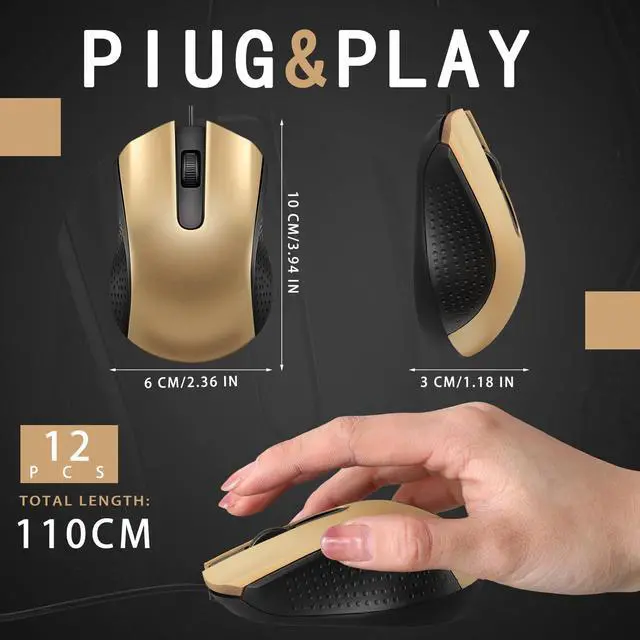 Alt view image 2 of 5 - Hoteam 12 Pcs Wired Computer Mouse Bulk Cord USB Computer Mice Ergonomic Wired Mouse for Pcs, Computers, Laptops, Gaming Office Home Supplies(Gold)