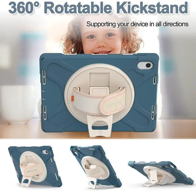 Alt view image 3 of 5 - BATYUE Case for iPad (A16) 11th/10th Generation 10.9'' 2025/2022, Rugged Protective Shockproof Cover for Kids with Screen Protector, 360° Rotating Stand, Pencil Holder, Carrying Strap, Cornflower Blue