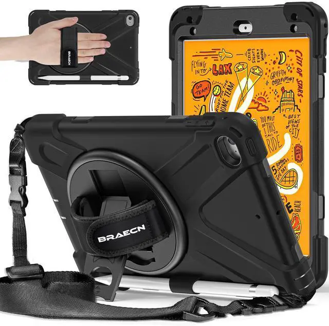 Main image of BRAECNstock for Apple iPad Mini 5/4 Case 2019/2015 7.9", Shockproof Protective Cover with Pencil Holder, Rotating Hand Strap & Stand, Shoulder Strap, Case for iPad Mini 5th/4th Generation, Black