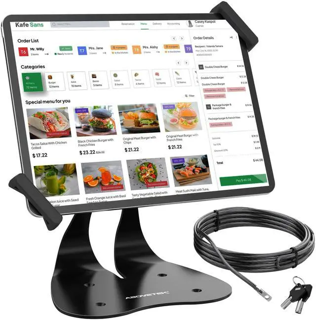 Main image of AboveTEK Anti-Theft iPad Stand, Universal Security POS Tablet Stand, Diagonally-Oriented iPad Locking Mount for 7-13 inch Tablets, Galaxy with Security Cord and Key, 360° Swivel for Business &