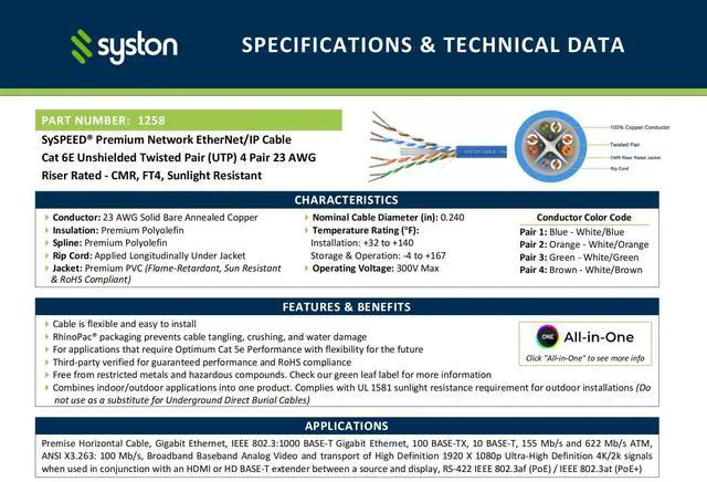 Alt view image 2 of 5 - Syston Cat6e Ethernet Internet Cable Patch - 100 FT White, 600MHz 23AWG 4pr UTP Solid Bare Copper Wire Indoor/Outdoor PoE PC Laptop, CMR Riser-Rated Sunlight Resistant RoHS Compliant UL ETL Certified