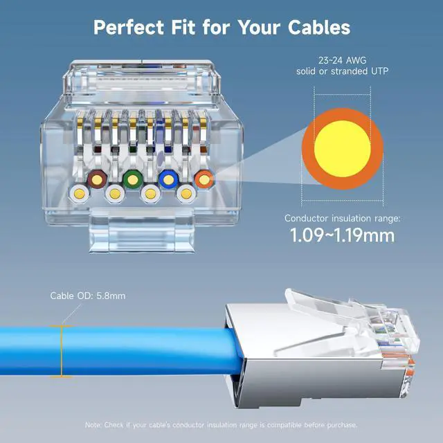Alt view image 3 of 5 - Cable Matters 100-Pack Cat 6A Shielded Pass Through RJ45 Connectors, 50µ Gold Plated (Cat 6A Ends /Cat6A Connector/Shielded RJ45 Connector/Ethernet Ends) for Solid or Stranded S/FTP Ethernet Cable