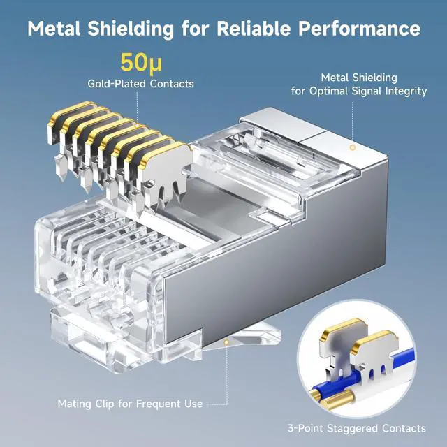 Alt view image 4 of 5 - Cable Matters 100-Pack Cat 6A Shielded Pass Through RJ45 Connectors, 50µ Gold Plated (Cat 6A Ends /Cat6A Connector/Shielded RJ45 Connector/Ethernet Ends) for Solid or Stranded S/FTP Ethernet Cable