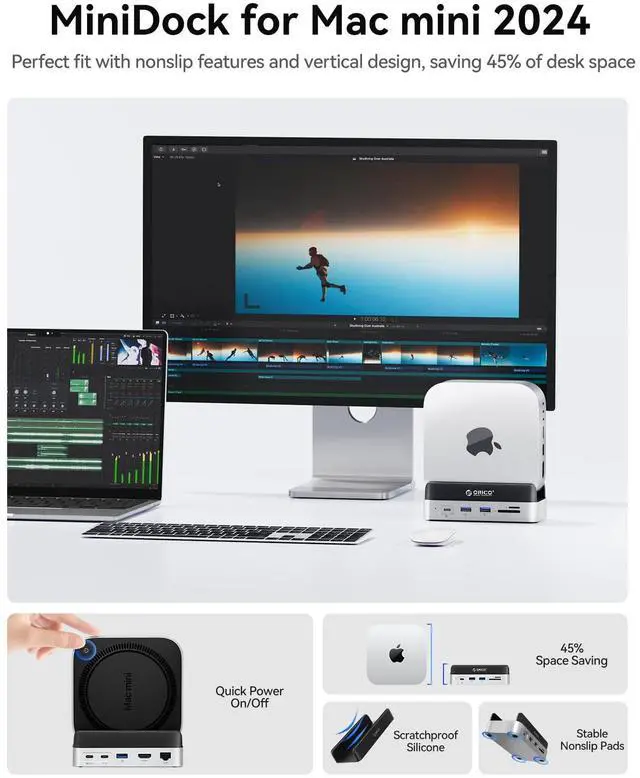 Alt view image 2 of 5 - ORICO MiniDock and Stand Compatibility with Mac Mini M4, 9-in-1 Aluminum Hub with 512GB NVMe M.2 SSD, 10Gbps USB-C & USB-A, 4K HDMI, Gigabit Ethernet, SD/TF Card Readers