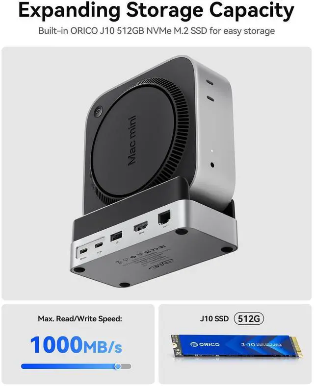 Alt view image 3 of 5 - ORICO MiniDock and Stand Compatibility with Mac Mini M4, 9-in-1 Aluminum Hub with 512GB NVMe M.2 SSD, 10Gbps USB-C & USB-A, 4K HDMI, Gigabit Ethernet, SD/TF Card Readers