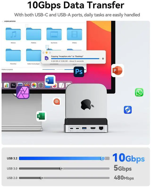 Alt view image 5 of 5 - ORICO MiniDock and Stand Compatibility with Mac Mini M4, 9-in-1 Aluminum Hub with 512GB NVMe M.2 SSD, 10Gbps USB-C & USB-A, 4K HDMI, Gigabit Ethernet, SD/TF Card Readers