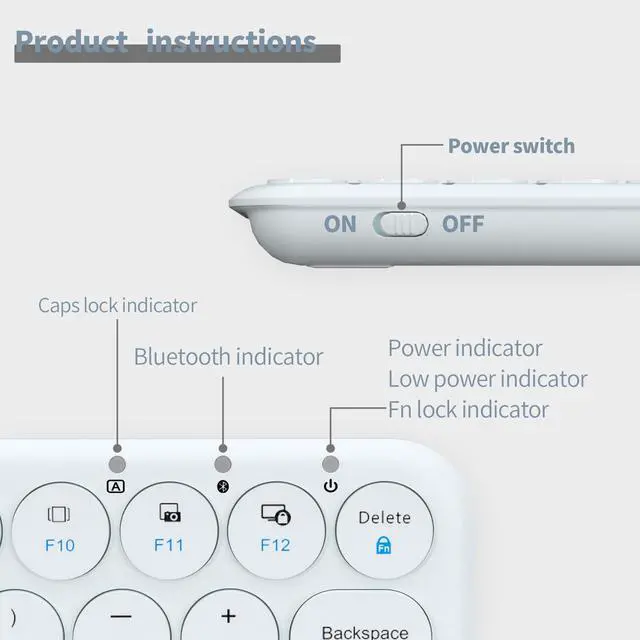 Alt view image 5 of 5 - UBOTIE Portable Slim Bluetooth Keyboard, Wireless Colorful Compact 78keys Silent Linear Scissor Switch Round Keycap Keyboards with Power on/Off for Tablet, PC, Laptop, Smart Phone (White)