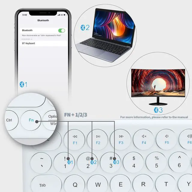 Alt view image 4 of 5 - UBOTIE Portable Slim Bluetooth Keyboard, Wireless Colorful Compact 78keys Silent Linear Scissor Switch Round Keycap Keyboards with Power on/Off for Tablet, PC, Laptop, Smart Phone (White)
