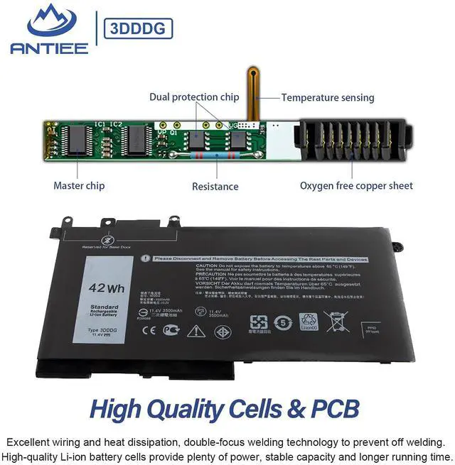 Alt view image 3 of 5 - 42Wh 3DDDG Laptop Battery for Dell Latitude 5280 5288 5290 5480 5488 5490 5491 5495 5580 5590 E5280 E5480 E5580 E5490 E5590 Precision 3520 3530 Series 3VC9Y 049XH 45N3J 080JT9 RRJDX 11.4V 3Cell