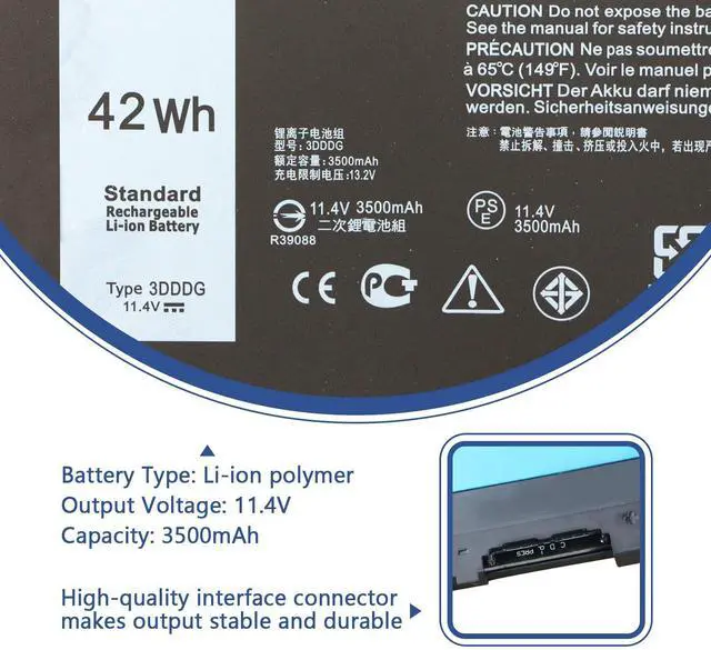 Alt view image 2 of 5 - 42Wh 3DDDG Laptop Battery for Dell Latitude 5280 5288 5290 5480 5488 5490 5491 5495 5580 5590 E5280 E5480 E5580 E5490 E5590 Precision 3520 3530 Series 3VC9Y 049XH 45N3J 080JT9 RRJDX 11.4V 3Cell