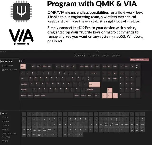 Alt view image 5 of 5 - Keychron K10 Pro QMK/VIA Custom Wireless Mechanical Keyboard, 100% Full Size 108 Keys Programmable White Backlight Red Switch, Bluetooth/USB-C Wired Gaming Keyboard for Mac Windows Linux