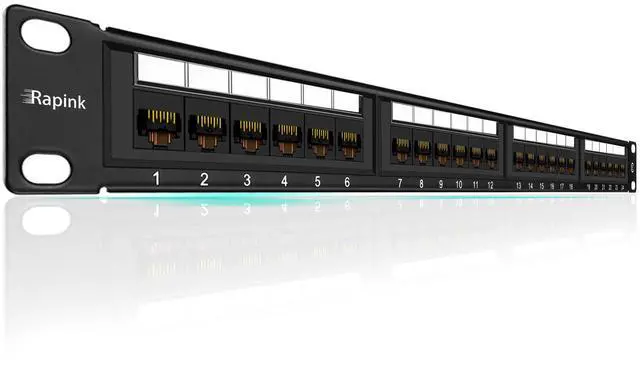 Main image of Rapink Patch Panel 24 Port Cat6 10G Support, Network Panel UTP 19-Inch, Wallmount or Rackmount 1U Ethernet Patch Panel Punch Down Block for Cat6, Cat5e, Cat5 Cabling