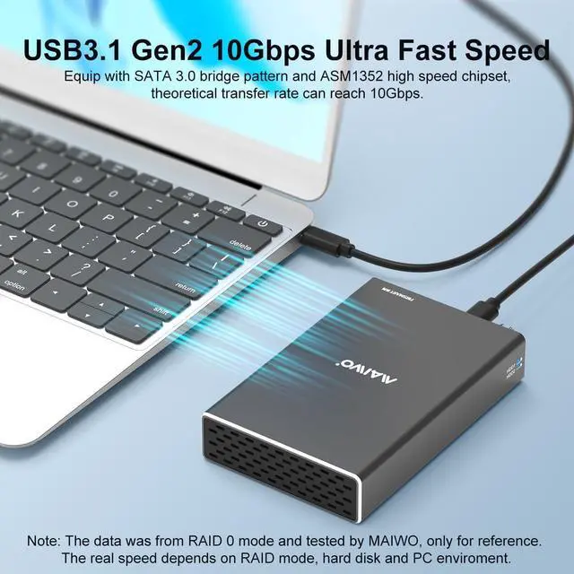 Alt view image 3 of 5 - MAIWO Hard Drive RAID Enclosure Dual Bay for 2.5 Inch SATA SSD HDD, USB 3.1 GEN 2 10Gbps with UASP, RAID 0/1/JBOD/PM, 16TB Capacity, External Hard Drive Reader Case Aluminum