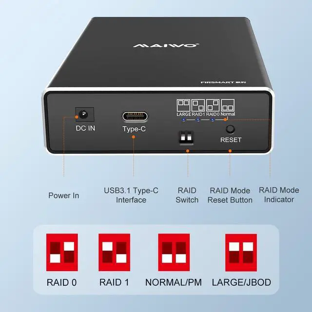 Alt view image 4 of 5 - MAIWO Hard Drive RAID Enclosure Dual Bay for 2.5 Inch SATA SSD HDD, USB 3.1 GEN 2 10Gbps with UASP, RAID 0/1/JBOD/PM, 16TB Capacity, External Hard Drive Reader Case Aluminum