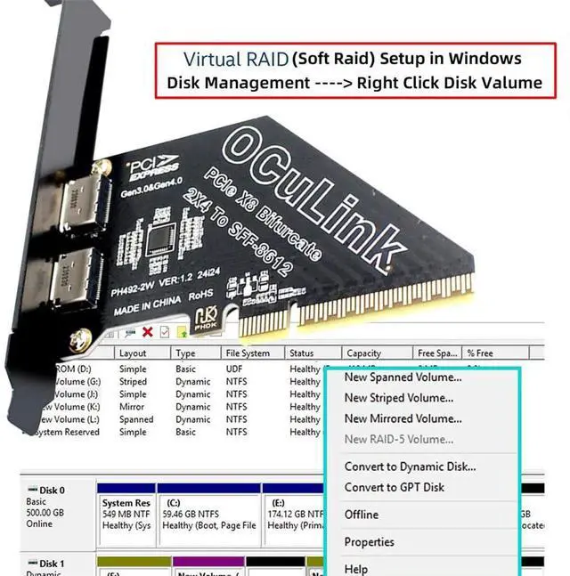 Alt view image 4 of 4 - Cablecc 2 Port PCIe 4.0 X8 to Oculink Adapter,SFF-8611/8612 to PCI Express Expansion Card Adapter with 8cm/12cm Slot Bracket