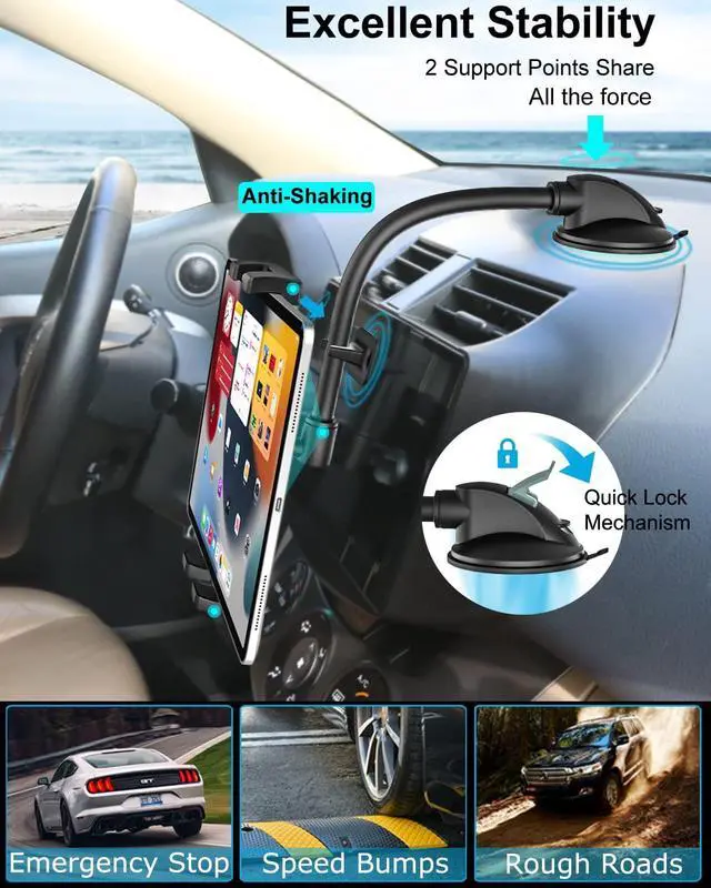 Alt view image 5 of 5 - woleyi Tablet Holder for Car Mount [Anti-Shaking Silicone] Long Arm Dashboard Car Tablet Holder Suction Cup Anti-Shake Stabilizer, Fit For iPad Pro Air Mini, Galaxy Tab/Z Fold, iPhone, 4.7-13" Devices