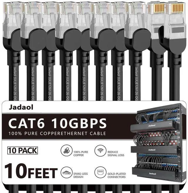 Main image of Jadaol Cat 6 Ethernet Cable 10ft 10Pack, Outdoor&Indoor, 10Gbps Support Cat8/7 Network, 24AWG Pure Copper Patch LAN Cord, Direct Burial Waterproof UV Resistant for Router, Modem, Switch, Server, Black