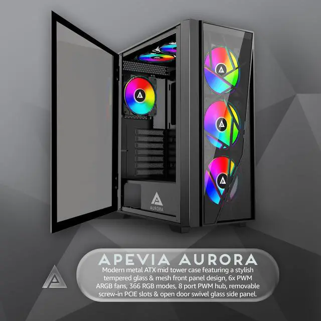 Alt view image 2 of 5 - Apevia Aurora-BK Aurora Mid Tower Gaming PC Case w/ 6X 120mm PWM ARGB Fans, 366 RGB Light Modes, 1x Glass & Mesh Front Panel, 1x Door Swivel Style Magnetic Glass Side Panel, 2X USB3.0, Black