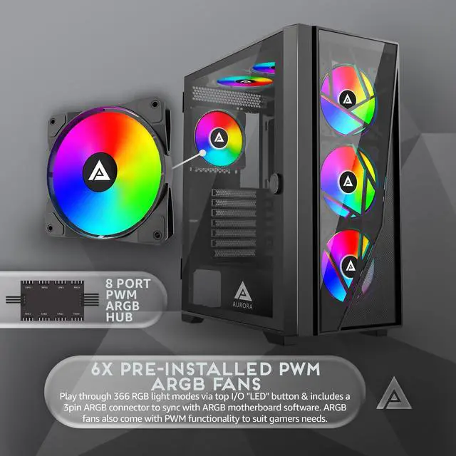 Alt view image 3 of 5 - Apevia Aurora-BK Aurora Mid Tower Gaming PC Case w/ 6X 120mm PWM ARGB Fans, 366 RGB Light Modes, 1x Glass & Mesh Front Panel, 1x Door Swivel Style Magnetic Glass Side Panel, 2X USB3.0, Black