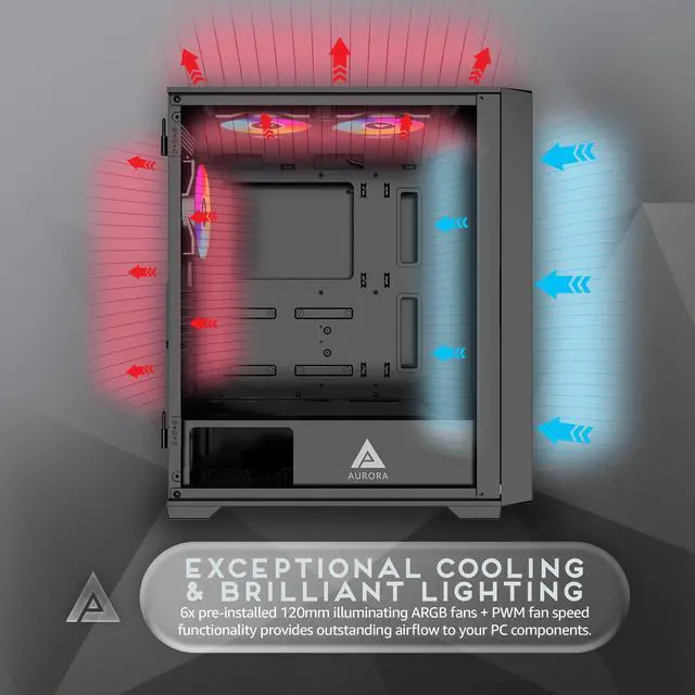 Alt view image 4 of 5 - Apevia Aurora-BK Aurora Mid Tower Gaming PC Case w/ 6X 120mm PWM ARGB Fans, 366 RGB Light Modes, 1x Glass & Mesh Front Panel, 1x Door Swivel Style Magnetic Glass Side Panel, 2X USB3.0, Black