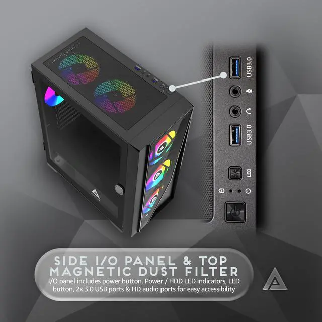 Alt view image 5 of 5 - Apevia Aurora-BK Aurora Mid Tower Gaming PC Case w/ 6X 120mm PWM ARGB Fans, 366 RGB Light Modes, 1x Glass & Mesh Front Panel, 1x Door Swivel Style Magnetic Glass Side Panel, 2X USB3.0, Black
