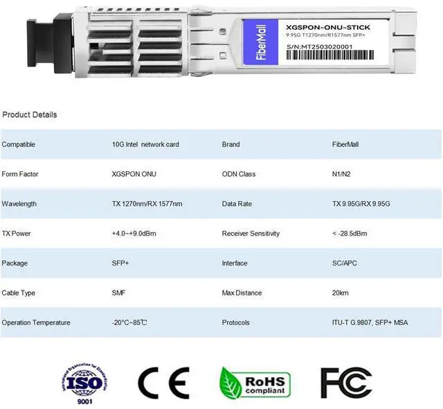 Alt view image 2 of 5 - XGSPON ONU Stick Optical Transceivers,Compatible Intel 10G NIC:x520-da2, 82599ES 10G SFP+ NIC, X710-BM2,with MAC SFP+ TX-9.95G/RX-9.95G TX-1270nm/RX-1577nm SMF,SC/APC 20km DDM