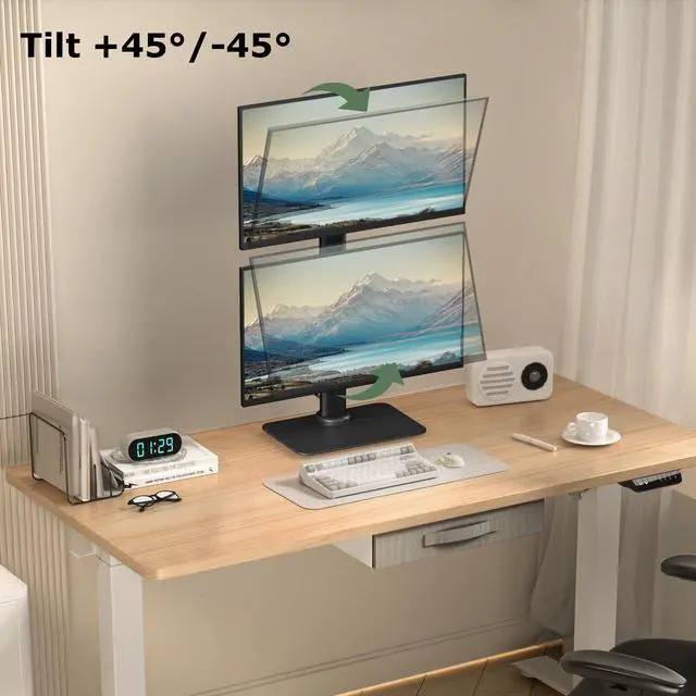 Alt view image 3 of 4 - UPGRAVITY Dual Monitor Stand with Built-in Power Outlet, Vertical Stack Freestanding Monitor Mount for 13-32 inch Flat Curved Computer Screen, Metal Base, Height Adjustable, Max VESA 100x100mm