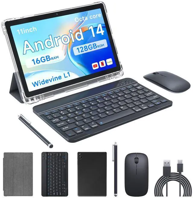 Main image of PEICHENG Tablet 11" Android 14.0 with Grey Case, RAM 16GB (4GB+12GB Expansion)+128GB ROM, 5G Wi-Fi, 8000 mAh, 5MP front/13MP Back Camera, Octa Core T606 1.6GHZ (P12 kit(case+Mouse+Keyboard+Stylus))