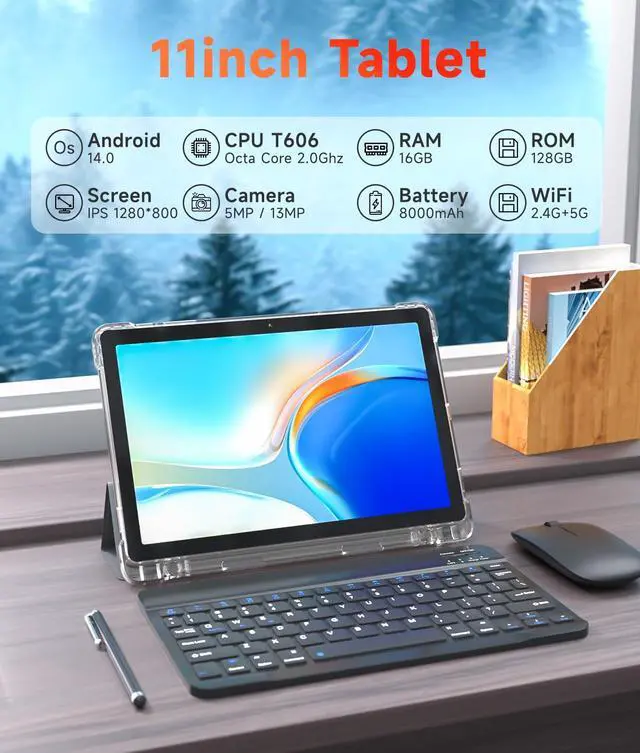 Alt view image 2 of 5 - PEICHENG Tablet 11" Android 14.0 with Grey Case, RAM 16GB (4GB+12GB Expansion)+128GB ROM, 5G Wi-Fi, 8000 mAh, 5MP front/13MP Back Camera, Octa Core T606 1.6GHZ (P12 kit(case+Mouse+Keyboard+Stylus))