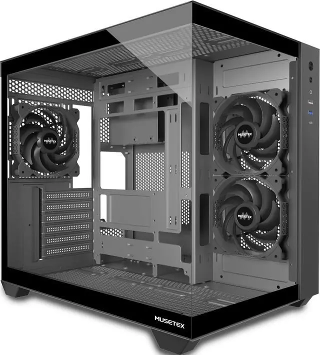 Main image of MUSETEX ATX PC Case, 3 x 120mm Fans Pre-Installed, 360MM RAD Support, 270° Full View Tempered Glass Gaming PC Case with Type-C, Mid Tower ATX Computer Case, Black, Y6