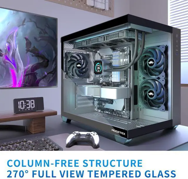 Alt view image 2 of 5 - MUSETEX ATX PC Case, 3 x 120mm Fans Pre-Installed, 360MM RAD Support, 270° Full View Tempered Glass Gaming PC Case with Type-C, Mid Tower ATX Computer Case, Black, Y6