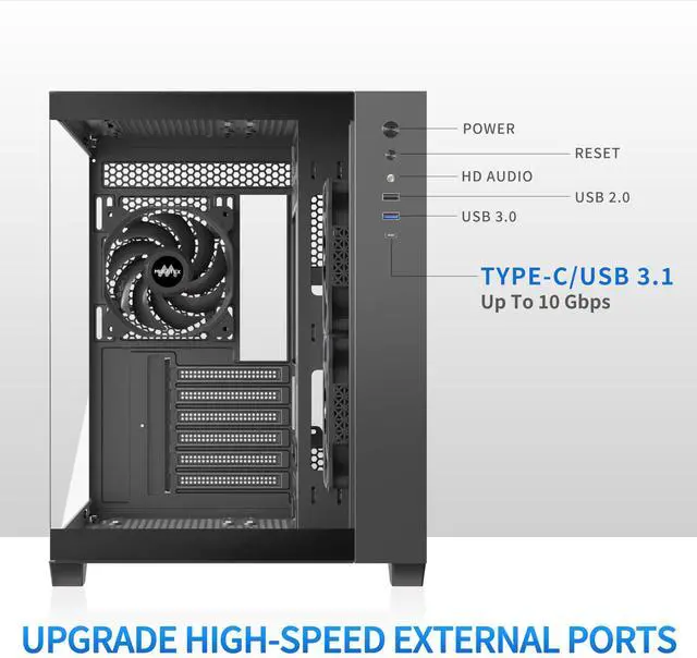 Alt view image 3 of 5 - MUSETEX ATX PC Case, 3 x 120mm Fans Pre-Installed, 360MM RAD Support, 270° Full View Tempered Glass Gaming PC Case with Type-C, Mid Tower ATX Computer Case, Black, Y6