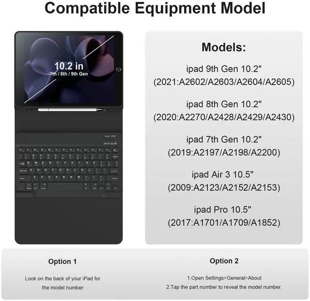 Alt view image 2 of 5 - Keyboard Cases for iPad 9th Generation 8th Gen, 7th Gen, Pro 10.5 Inch Air 3rd Gen. Removable Magnetic Cover Sheet Built-in Pencil Holder and Stylus Pen, Adjustable Angles Stain Resistant Cover, Black