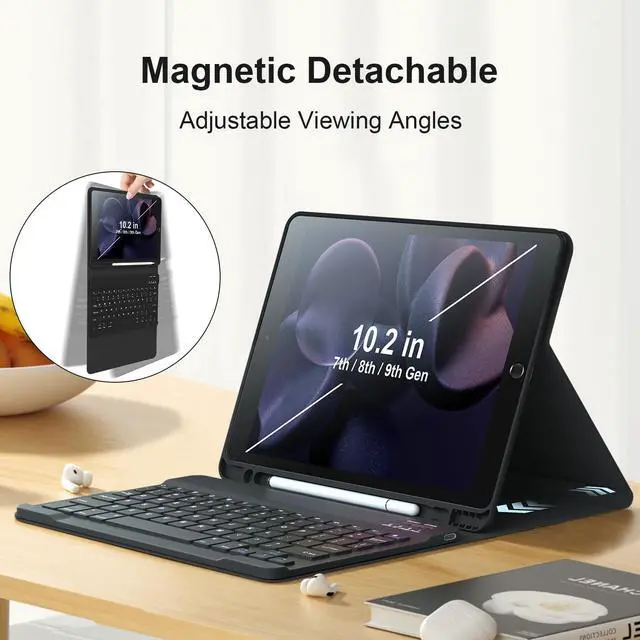 Alt view image 4 of 5 - Keyboard Cases for iPad 9th Generation 8th Gen, 7th Gen, Pro 10.5 Inch Air 3rd Gen. Removable Magnetic Cover Sheet Built-in Pencil Holder and Stylus Pen, Adjustable Angles Stain Resistant Cover, Black