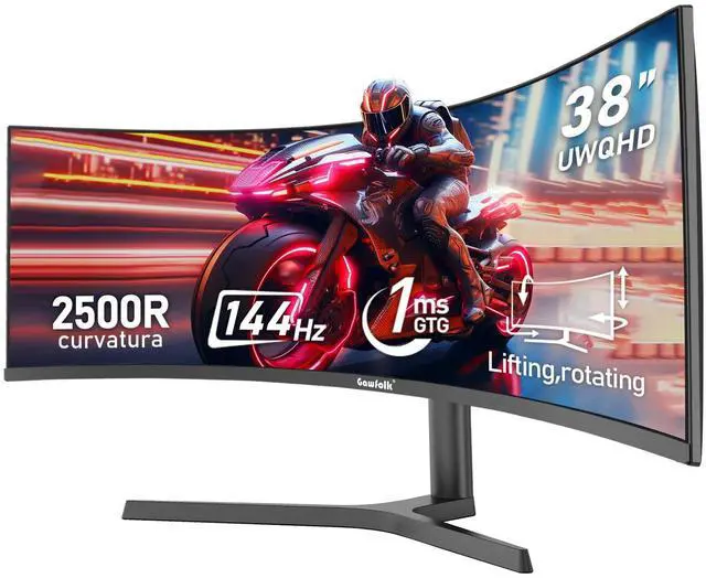 Main image of Gawfolk 38 Inch Ultrawide Curved 144Hz Gaming Computer Monitor 2500R PC Screen 21:9 UWQHD (3840x1600),1ms,10bit,Freesync,Display PortHDMI,Liftable Stand,Wall Mount Compatible 100 * 100mm-Black