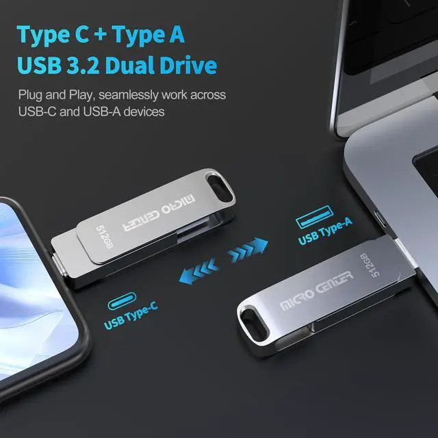 Alt view image 2 of 5 - Micro Center SuperSpeed 512GB USB 3.2 Dual Drive Type-C & OTG Type-A 2-in-1 up to 400MB/s Swivel Metal Flash Drive Memory Storage Stick for Android Phones Tablets Mac Laptop