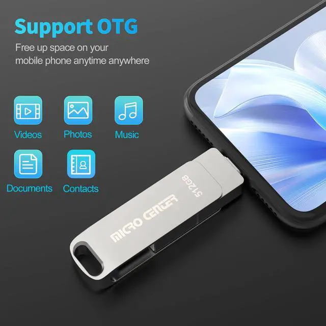 Alt view image 5 of 5 - Micro Center SuperSpeed 512GB USB 3.2 Dual Drive Type-C & OTG Type-A 2-in-1 up to 400MB/s Swivel Metal Flash Drive Memory Storage Stick for Android Phones Tablets Mac Laptop