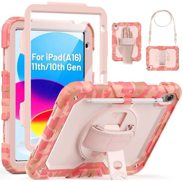 Main image of SEYMAC for iPad (A16) 11th/10th Generation 2025/2022 (11/10.9), Heavy Duty Full-Body Shockproof Protective Case with Screen Protector, Rotating Stand, Hand/Shoulder Strap, Multicolor/Pink