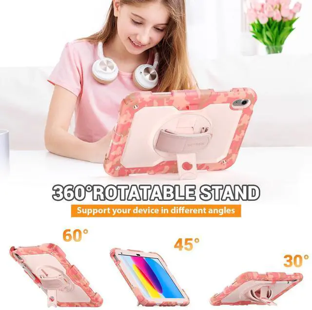 Alt view image 4 of 5 - SEYMAC for iPad (A16) 11th/10th Generation 2025/2022 (11/10.9), Heavy Duty Full-Body Shockproof Protective Case with Screen Protector, Rotating Stand, Hand/Shoulder Strap, Multicolor/Pink