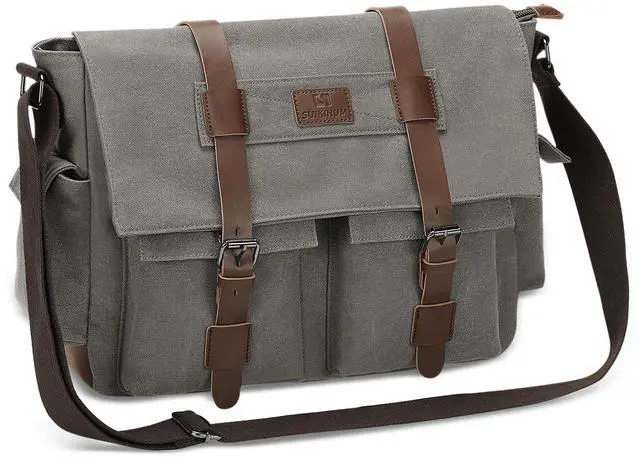 Main image of SUIKIHUM Canvas Crossbody Bag for Men and Women, Vintage Shoulder Bag with Multiple Pockets and Adjustable Strap, Fits 13 Inch Laptops, Gray